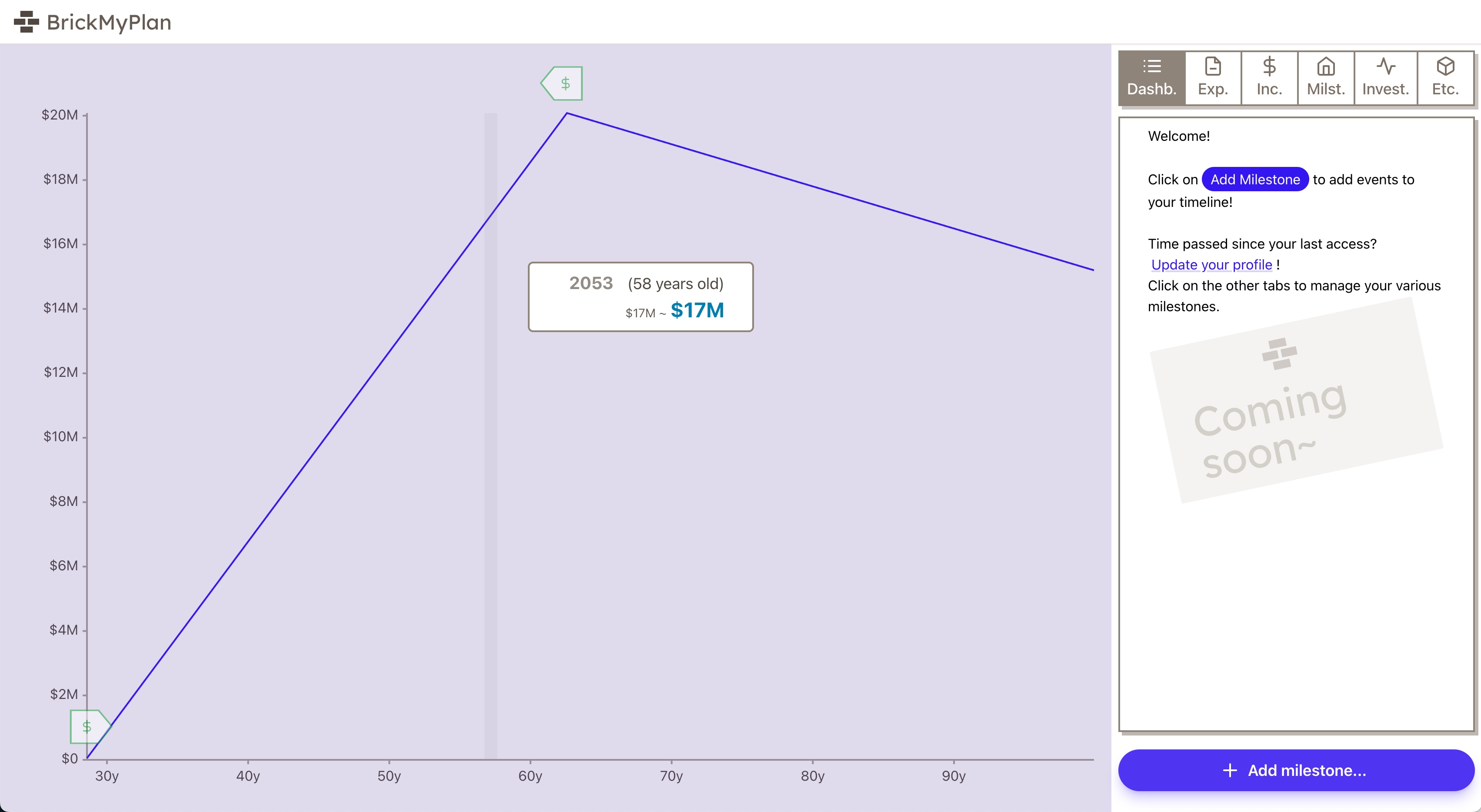 A desktop web application, with a chart occupying the left and centre parts of the screen visualising the bank balances of a user profile. On the right, they can switch on and off, and add and delete financial milestones.