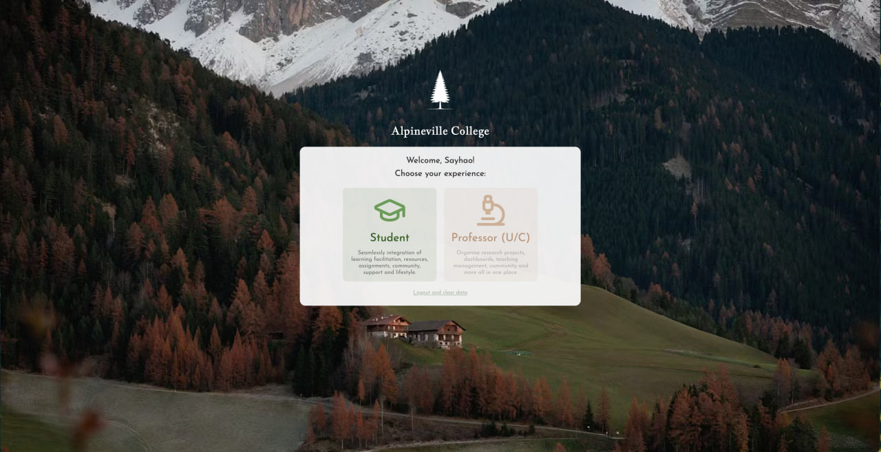 A college cloud platform login screen with a mountain valley town as the background image.