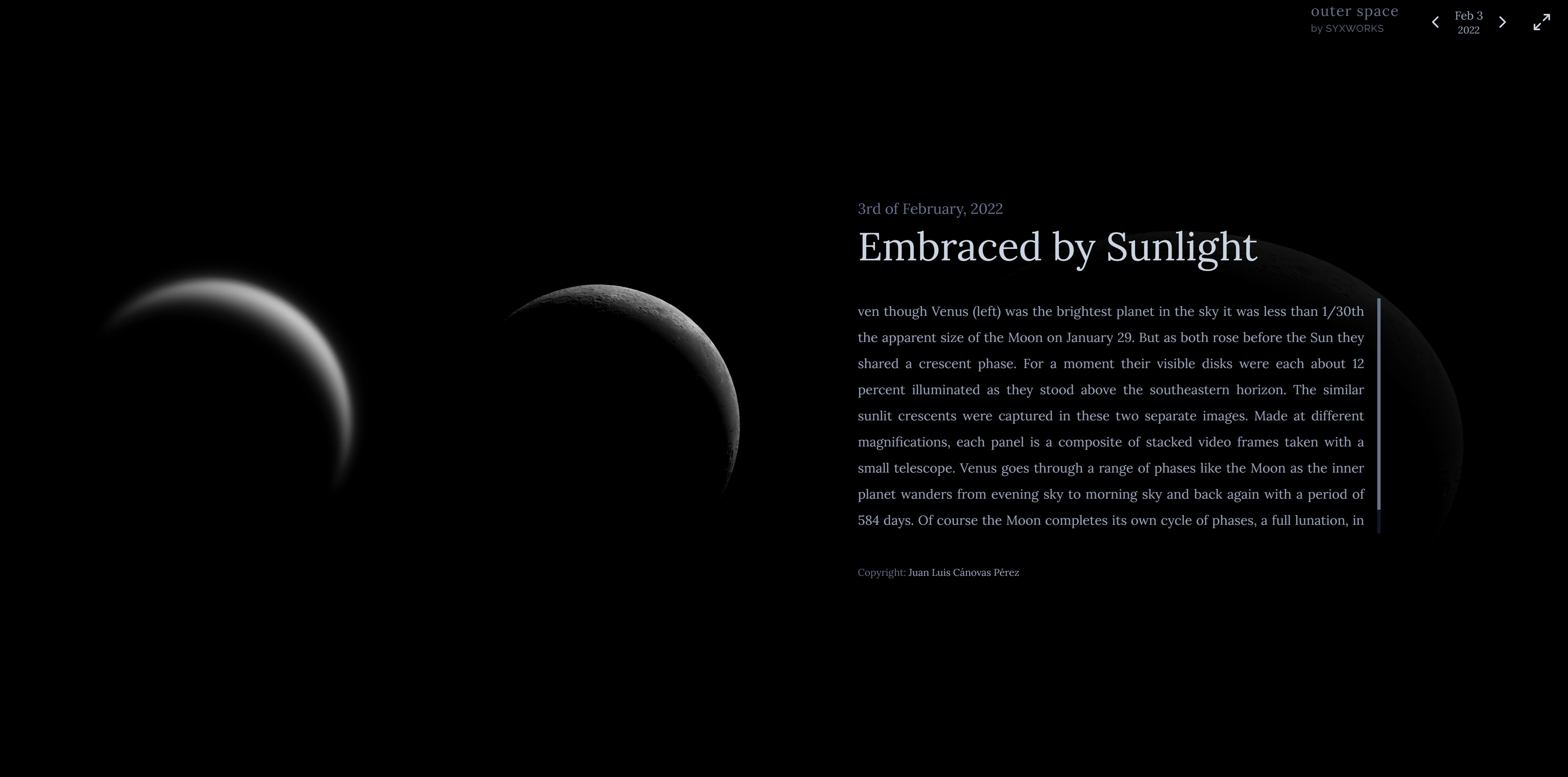 A dark, almost black desktop webpage. The left half of the page shows a dark photograph, in greyscale, of two planets. On the right is a write-up of it by NASA.